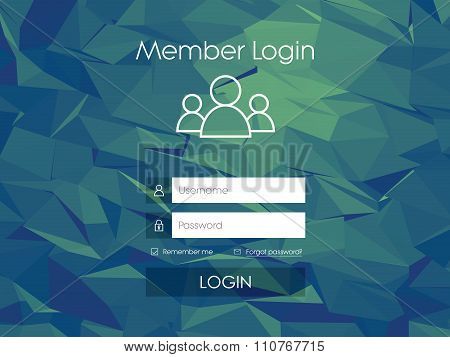 Login form menu with simple line icons. Low poly background. Website element for your web design.
