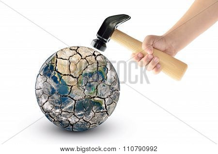 Globe Smash With A Hammer, Isolated On A White Background. Elements Of This Image Furnished By Nasa