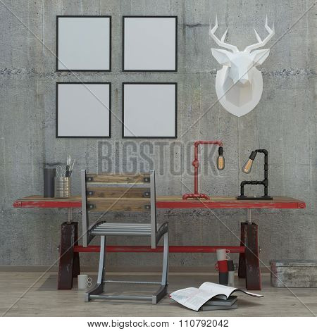 Loft  Style Modern Interior Background, 3D Render