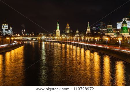 Illuminated Moskva River And Kremlin In Moscow