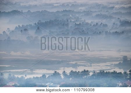 Watercolor View Of Foggy Morning Landscape. Hpa An, Myanmar (burma)