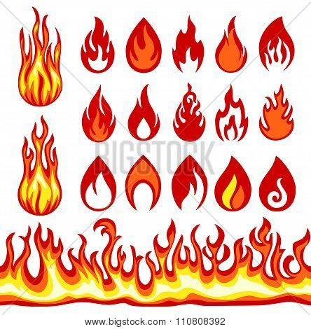 Set of Flame icons. Fire symbols.