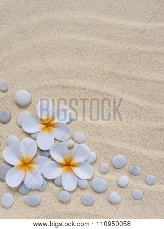 Tiare Flowers And Stones On The Sand