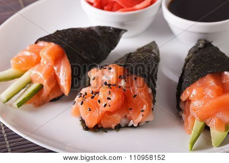 Temaki Salmon On A Plate Close-up. Horizontal