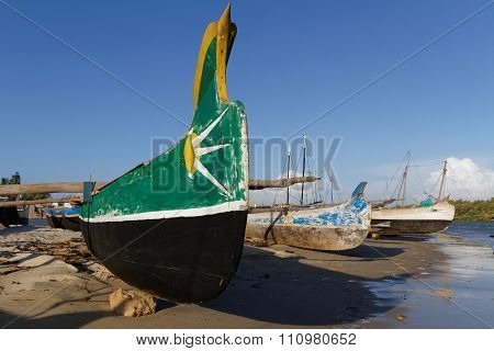 Morondava, Madagascar, November 25, 2015 : The Small Harbor Of Morondava. The Outrigger Canoes Are U