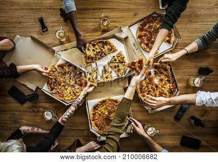 People Hands Grabbing Pizza in Delivery Box