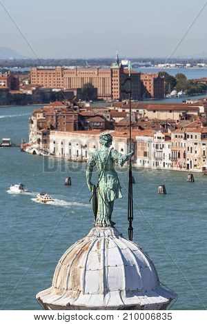 View from the bell tower of the 16th-century Benedictine San Giorgio Maggiore church on Giudecca Canal Venice Italy. The channel separates the Giudecca island from the Dorsoduro district.