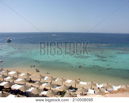 Aerial view of touristic beach red sea seaside in Sharm el-Sheikh in Sinai Egypt