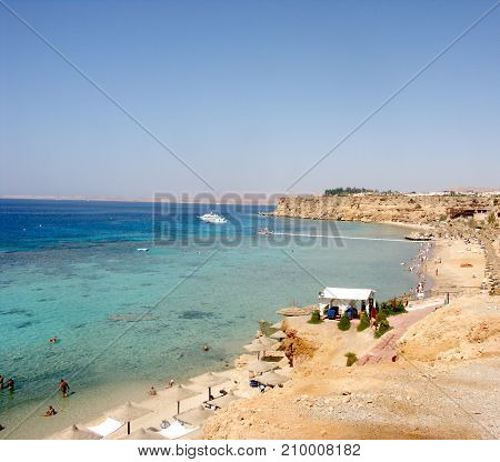 Aerial view of touristic beach red sea seaside in Sharm el-Sheikh in Sinai Egypt