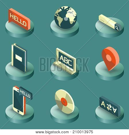 Languages color isometric icons. Set of modern linear icons on the topic of learning a foreign language. Vector logos for schools, colleges and universities.