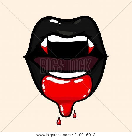 Vampire woman open mouth with blood on lower black lip. Halloween vector illustration