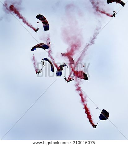 RAF Falcons freefall parachute display team at the inaugural RAF Scampton air show in Lincolnshire, UK, 10 September, 2017.