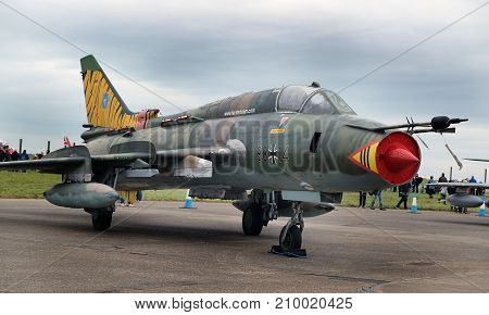 Sukhoi Su-22M-4 Fitter, Russian built variable geometry wing fast jet at the inaugural RAF Scampton air show in Lincolnshire, UK, 10 September, 2017.