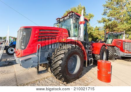 Russia Samara - September 23 2017: Modern agricultural tractors Kirovets K9450 exhibited at the annual Volga agro-industrial exhibition
