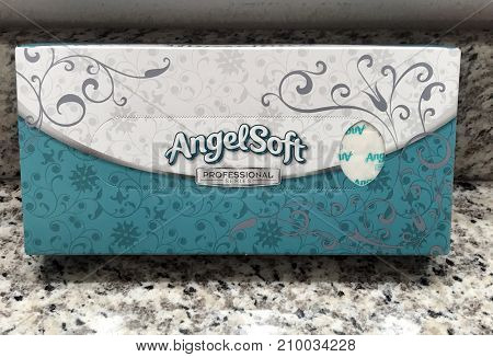 Altoona Wisconsin October 19 2017 Box of Angelsoft Tissue on a bathroom counter Angelsoft was introduced to the United States in 1987