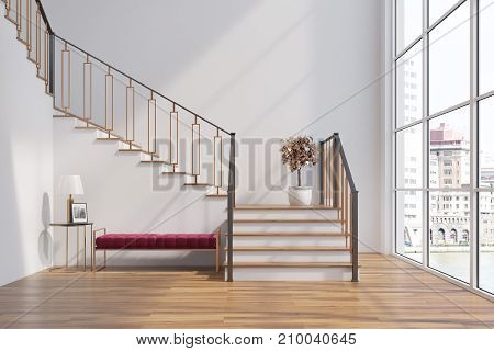 White Living Room, Stairs, Red Bench