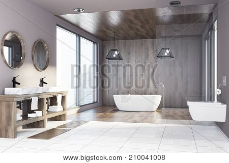 Wooden Bathroom, Tub, Sink And Toilet, Side