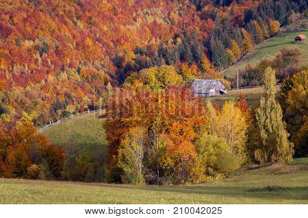 Beautiful autumn landscape in Transylvanian villages, Romania