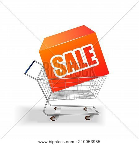 Shopping supermarket cart with box purchases and inscription sale. Vector illustration.