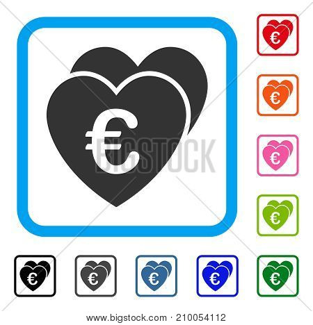 Euro Favorites Hearts icon. Flat grey iconic symbol in a light blue rounded rectangular frame. Black, gray, green, blue, red, orange color versions of Euro Favorites Hearts vector.