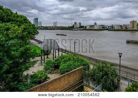 Aerial shot of McDougal Gardens River Thames and footpath. Shot taken on an overcast afternoon.