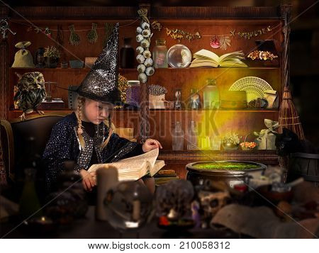 The wizard of room. Little girl in witch hat reads a big book of spells. Many mystical items. The concept of magic Halloween