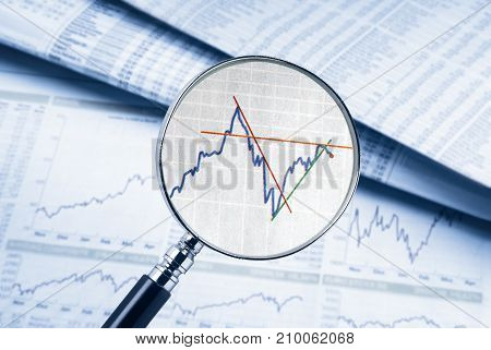Magnifying glass shows a share price. In the background rate tables and charts can be seen.