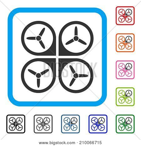 Quadrotor icon. Flat grey pictogram symbol in a light blue rounded squared frame. Black, gray, green, blue, red, orange color versions of Quadrotor vector. Designed for web and application interfaces.