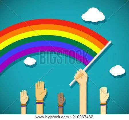 Man Hold In His Hand A Gay Rainbow Flag. Symbol Of Lgbt Community. Stock Vector Cartoon Illustration