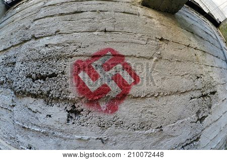 ILLUSTRATIVE EDITORIAL.Modern painting in the old military bunker.Kiev,Ukraine.October 18, 2017