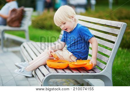 Little Boy With Lunchbox And Healthy Snack