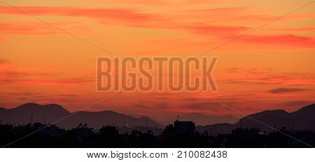 Athens, Greece. Sunset Over Hills Silhouette