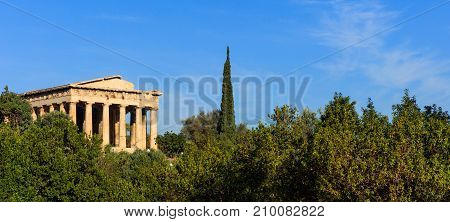 Athens, Greece. Hephaestus Temple On Blue Sky Background