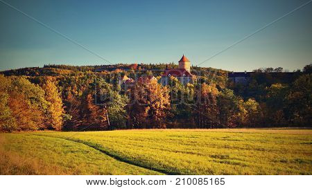 Beautiful Autumn Landscape With Veveri Castle. Natural Colorful Scenery With Sunset. Brno Dam-czech