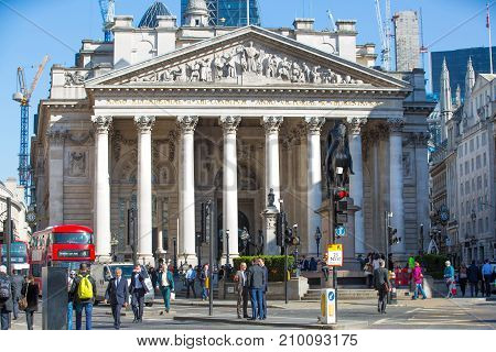 London, UK - March 15, 2017: Royal exchange building at the Bank of England square