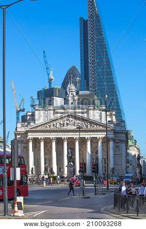 London, UK - March 15, 2017: Royal exchange building at the Bank of England square