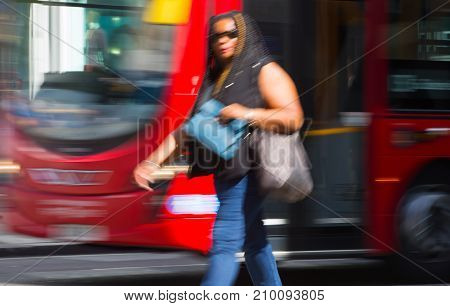 LONDON, UK - June 9, 2017: Blurred image of walking people at Oxford street, the main destination for shopping at Westend.
