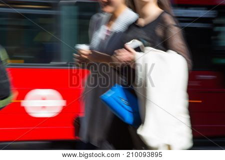 LONDON, UK - June 9, 2017: Blurred image of walking people at Oxford street, the main destination for shopping at Westend.