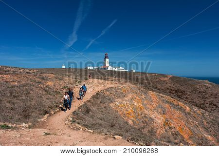 BERLENGA ISLAND, PORTUGAL - September 10, 2017: People visiting the island of Berlenga lighthouse, in Portugal