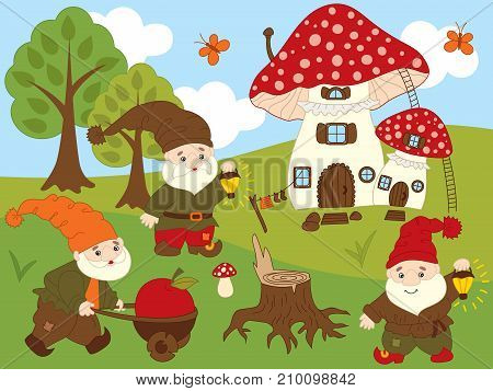 Vector set of cute cartoon forest gnomes, amanita house, trees, sky, clouds and butterflies . Vector gnome. Forest gnomes vector illustration