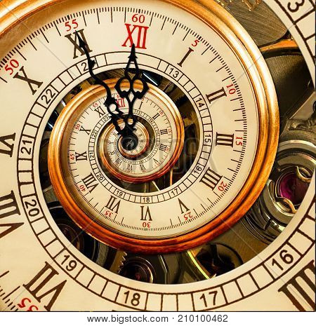 Abstract New Year clock. Christmas time. New Year 2018 postcard. Antique old clock abstract fractal spiral. Watch clock abstract fractal pattern background poster post card. Few minutes to twelve.
