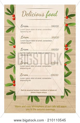 Christmas Menu For Restaurant Or Cafe. Blank Plate Is On A Wooden Table On The Branches Of Mistletoe