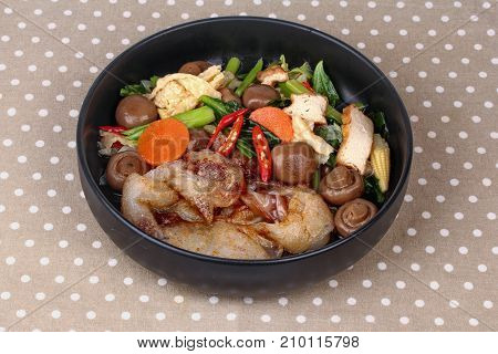 Fried Big Noodle Topped Mixed Vegetables For Organic Food.