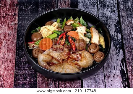Fried Big Noodle Topped Mixed Vegetables For Organic Food.