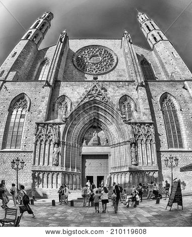 Facade Of Santa Maria Del Mar Church, Barcelona, Catalonia, Spain