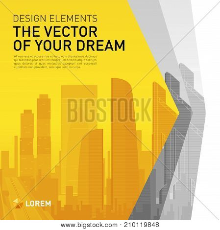 Design element for corporate graphic layout. Modern abstract geometry background template design whith colored cityscape vector illustration for investment, business, real estate, construction.