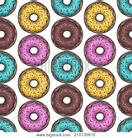 Seamless pattern. Vector illustration. Colorful sweet donuts on white background