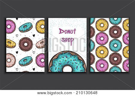 Poster vector template with donuts. Advertising for bakery shop or cafe. Coffee house menu background.