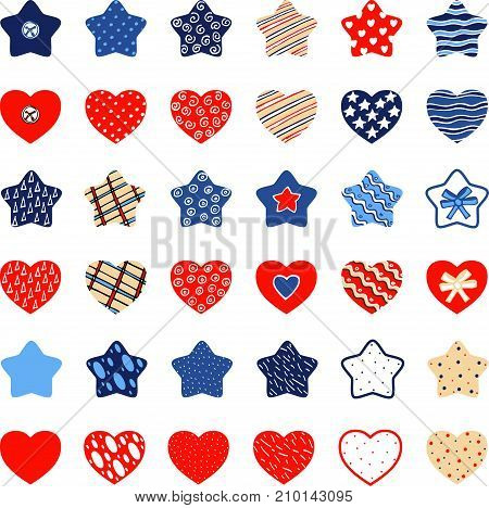 small colorful decorative stars and hearts on white background