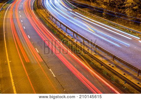 Night View of UK Motorway Highway Traffic.